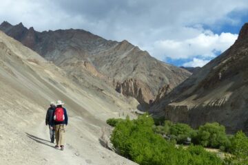 Zwei Wanderer mit rotem Rucksack auf Bergpass an Abhang mit grünen Bäumen unter Ihnen