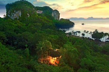 Blick bei Sonnenuntergang über Dschungel zum Meer