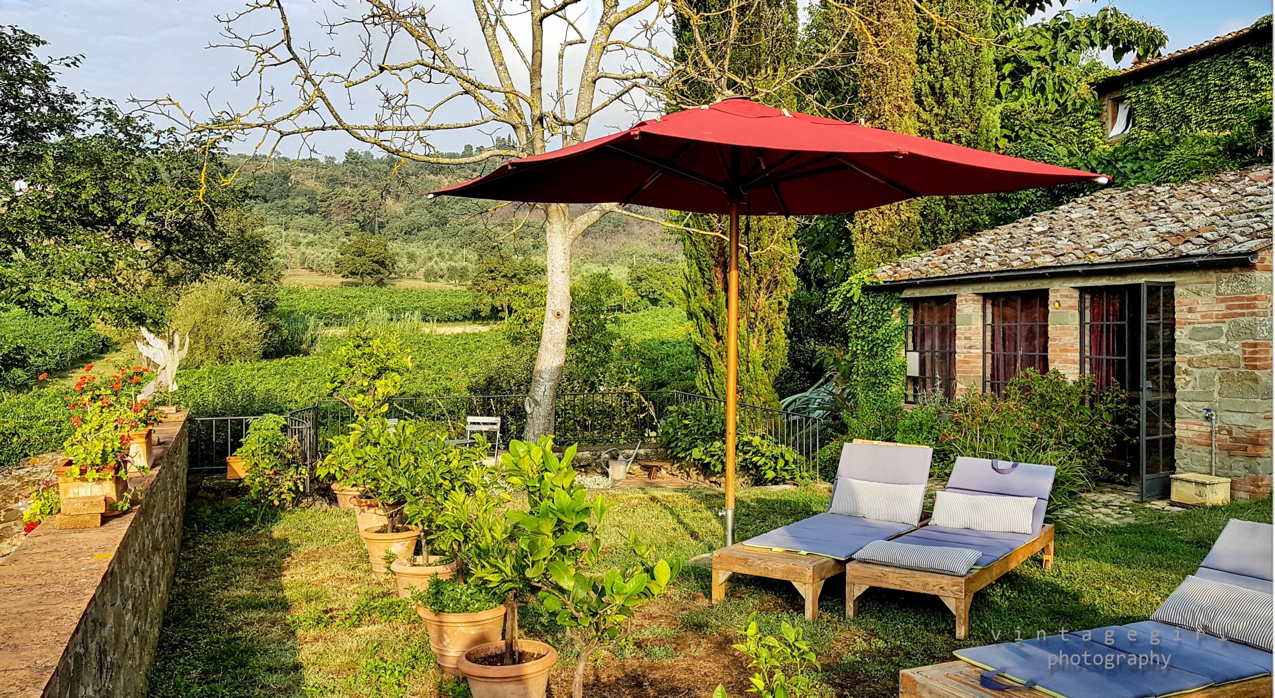 roter Sonnenschirm mit zwei Liegen inmitten von grünem Garten