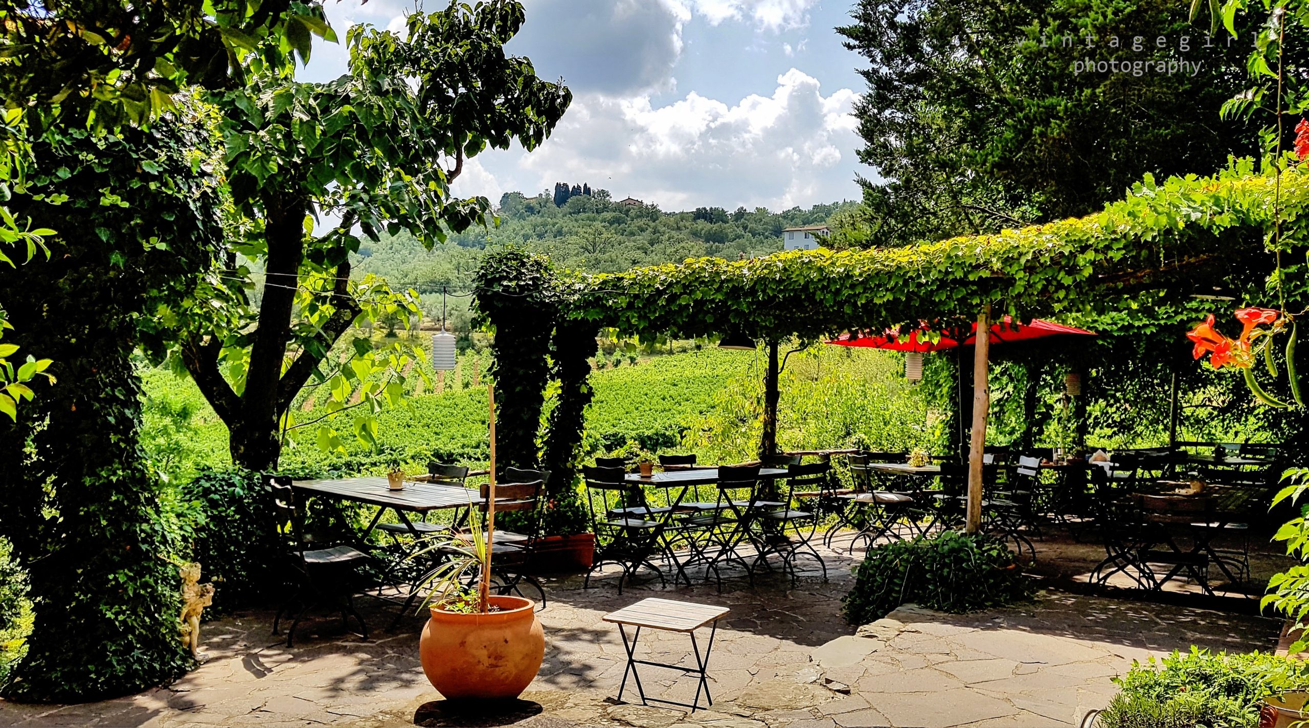 Mit Efeu berankte Terrasse mit Tischen und Stühlen