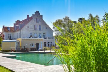 Blick auf Schwimmteich und Haus in der Sonne