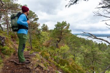 Wanderer blickt über Fjord