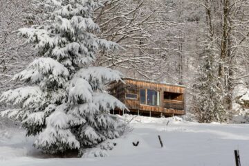 Haus im schneebedeckten Wald