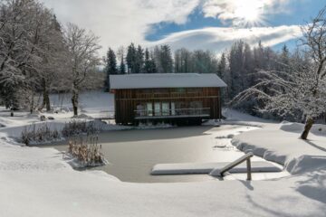 Haus am zugefrorenem Weiher