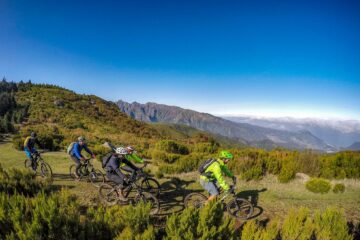 Gruppe von Bikern fahren über grünen Bergkamm