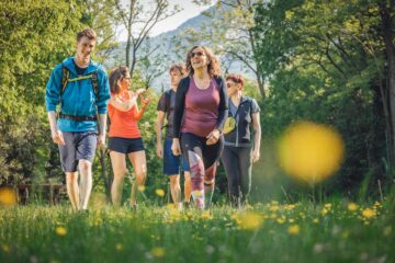 Gruppe wandert im Grünen