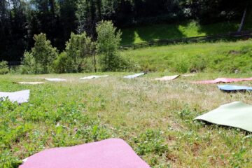 Yogamatten im Kreis auf Wiese