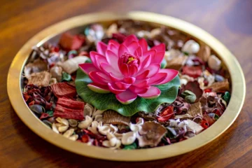 Schale mit Kräutern und Blüten und Lotusblüte in der Mitte