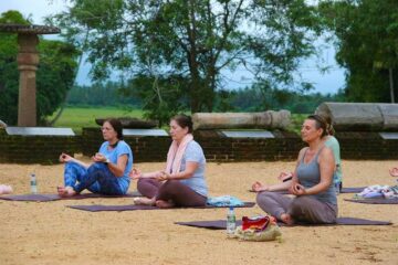 Mehrere Frauen praktizieren Yoga in der Natur in Sri Lanka