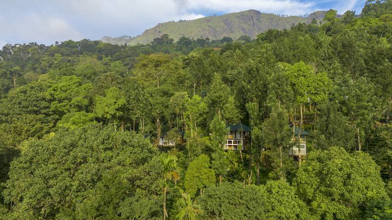 Drei kleine moderne Häuser in einem Bergwald in Indien